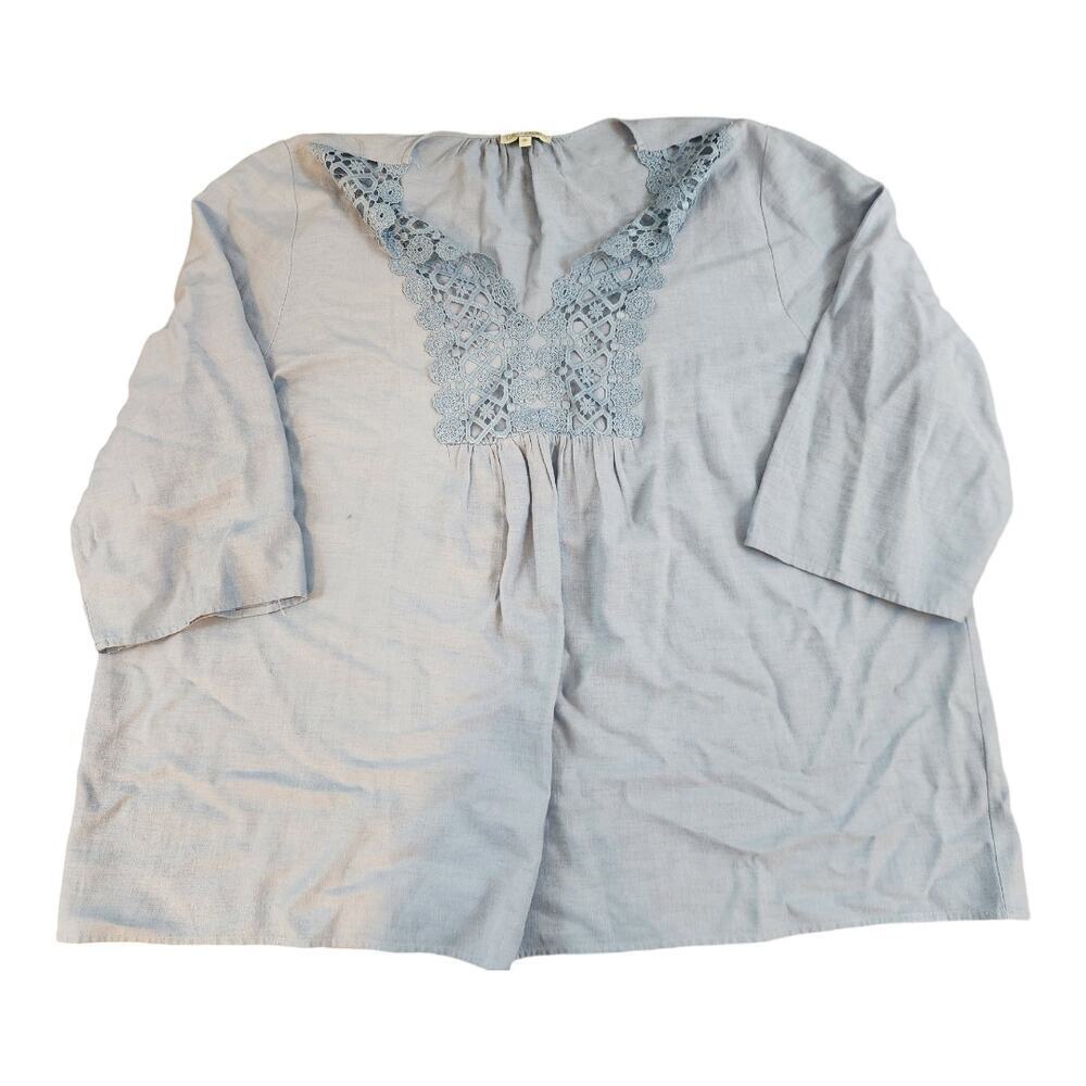 Lucy & Laurel womens plus sz 3XL blue 3/4 sleeve‎ linen blend blouse v-neck